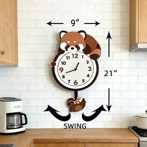 9'Wx21'H Red Panda Wall Clock with Pendulum, Non-Ticking Battery Operated, Modern Animal Shaped Design for Kids Room, Living Room, Bedroom, Office Decor, in Kuwait