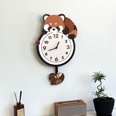 9'Wx21'H Red Panda Wall Clock with Pendulum, Non-Ticking Battery Operated, Modern Animal Shaped Design for Kids Room, Living Room, Bedroom, Office Decor, in Kuwait