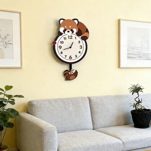9'Wx21'H Red Panda Wall Clock with Pendulum, Non-Ticking Battery Operated, Modern Animal Shaped Design for Kids Room, Living Room, Bedroom, Office Decor, in Kuwait