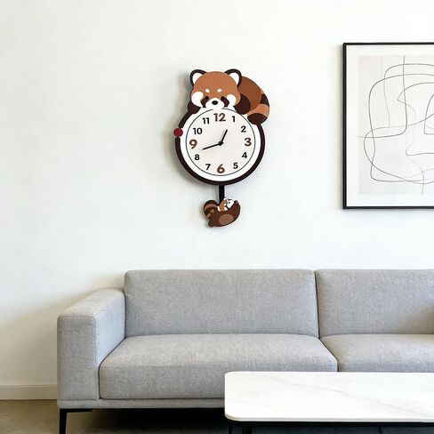 9'Wx21'H Red Panda Wall Clock with Pendulum, Non-Ticking Battery Operated, Modern Animal Shaped Design for Kids Room, Living Room, Bedroom, Office Decor, in Kuwait