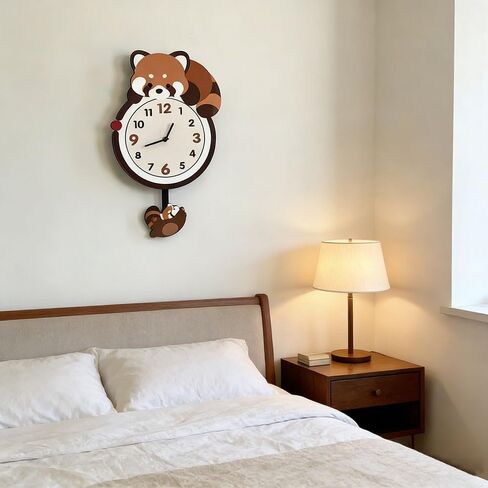 9'Wx21'H Red Panda Wall Clock with Pendulum, Non-Ticking Battery Operated, Modern Animal Shaped Design for Kids Room, Living Room, Bedroom, Office Decor, in Kuwait