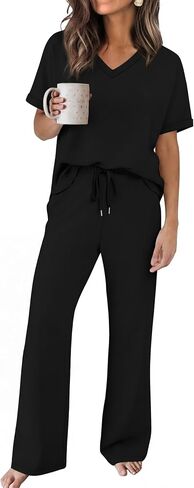 Sampeel Lounge Sets for Women V Neck Turn-UP Sleeves Tops Wide Leg Pants 2 Piece Sets Oversized Summer Vacation Outfits 2026 in Kuwait