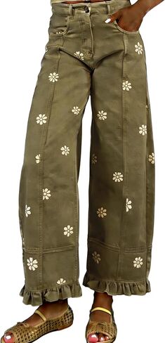 utcoco Barrel Jeans Women 2026 Floral Print Wide Leg Jeans Y2k Patchwork Baggy Boyfriend Denim Pants in Kuwait