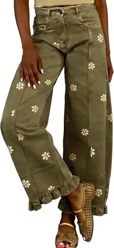 utcoco Barrel Jeans Women 2026 Floral Print Wide Leg Jeans Y2k Patchwork Baggy Boyfriend Denim Pants in Kuwait