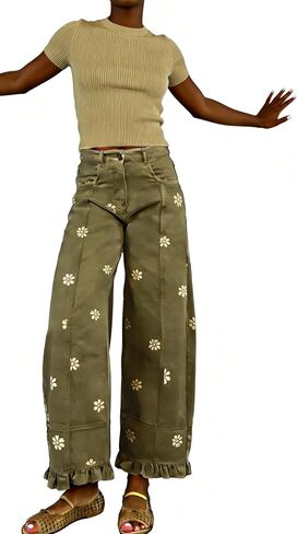utcoco Barrel Jeans Women 2026 Floral Print Wide Leg Jeans Y2k Patchwork Baggy Boyfriend Denim Pants in Kuwait