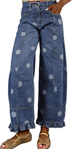 utcoco Barrel Jeans Women 2026 Floral Print Wide Leg Jeans Y2k Patchwork Baggy Boyfriend Denim Pants in Kuwait