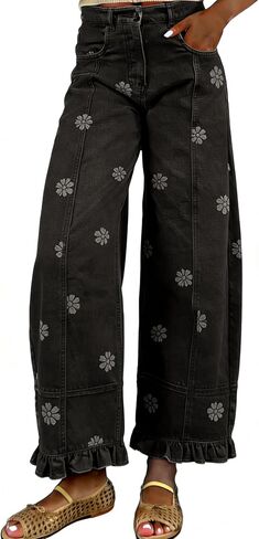 utcoco Barrel Jeans Women 2026 Floral Print Wide Leg Jeans Y2k Patchwork Baggy Boyfriend Denim Pants in Kuwait