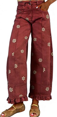 utcoco Barrel Jeans Women 2026 Floral Print Wide Leg Jeans Y2k Patchwork Baggy Boyfriend Denim Pants in Kuwait