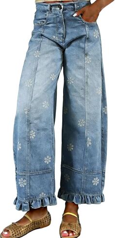 utcoco Barrel Jeans Women 2026 Floral Print Wide Leg Jeans Y2k Patchwork Baggy Boyfriend Denim Pants in Kuwait