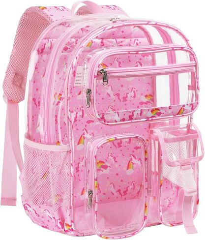 Vorspack Clear Backpack for Girls, 15 Inch Heavy Duty Transparent School Bookbag with Reflective Strip, Cute See Through Kids Unicorn Backpack for Ages 4-8, Pink in Saudi Arabia