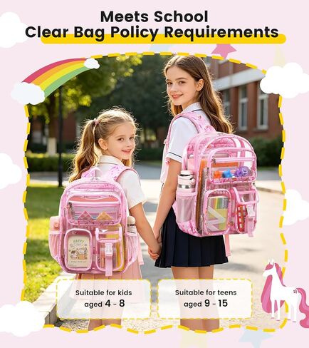 Vorspack Clear Backpack for Girls, 15 Inch Heavy Duty Transparent School Bookbag with Reflective Strip, Cute See Through Kids Unicorn Backpack for Ages 4-8, Pink in Saudi Arabia