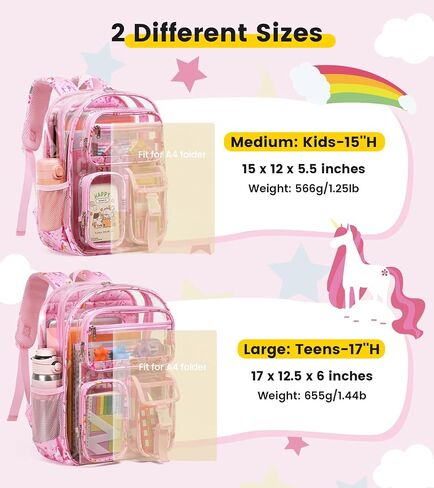 Vorspack Clear Backpack for Girls, 15 Inch Heavy Duty Transparent School Bookbag with Reflective Strip, Cute See Through Kids Unicorn Backpack for Ages 4-8, Pink in Saudi Arabia