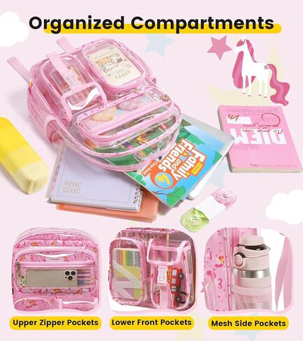 Vorspack Clear Backpack for Girls, 15 Inch Heavy Duty Transparent School Bookbag with Reflective Strip, Cute See Through Kids Unicorn Backpack for Ages 4-8, Pink in Saudi Arabia