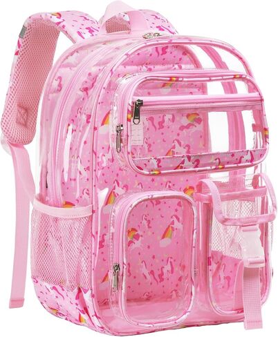 Vorspack Clear Backpack for Girls, 15 Inch Heavy Duty Transparent School Bookbag with Reflective Strip, Cute See Through Kids Unicorn Backpack for Ages 4-8, Pink in Saudi Arabia