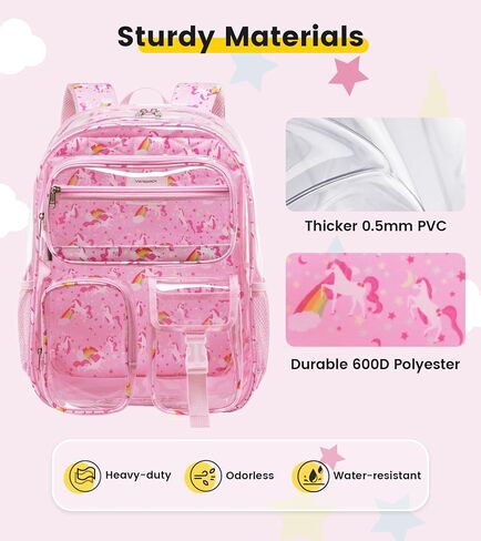 Vorspack Clear Backpack for Girls, 15 Inch Heavy Duty Transparent School Bookbag with Reflective Strip, Cute See Through Kids Unicorn Backpack for Ages 4-8, Pink in Saudi Arabia