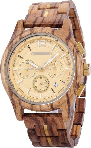 BOBO BIRD Men's Chronograph Wooden Watch Multifunction Sub-Dials, Natural Zebrawood Band – Gold, Blue & White Dial Options – Gift for Him in Kuwait