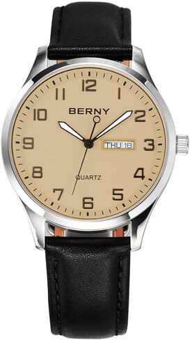 BERNY Men's Easy-to-Read Watch Standard Analog Display Quartz Leather Strap Wristwatch Classic Elegant Day&Date Watch for Men in Kuwait