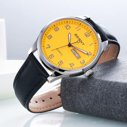 BERNY Men's Easy-to-Read Watch Standard Analog Display Quartz Leather Strap Wristwatch Classic Elegant Day&Date Watch for Men in Kuwait