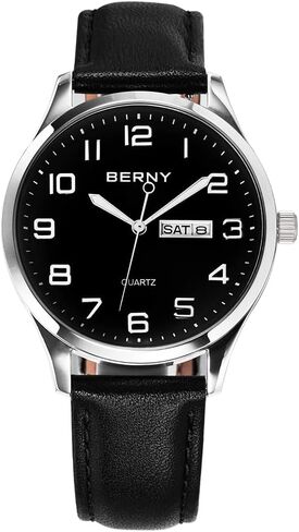 BERNY Men's Easy-to-Read Watch Standard Analog Display Quartz Leather Strap Wristwatch Classic Elegant Day&Date Watch for Men in Kuwait