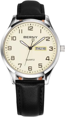 BERNY Men's Easy-to-Read Watch Standard Analog Display Quartz Leather Strap Wristwatch Classic Elegant Day&Date Watch for Men in Kuwait