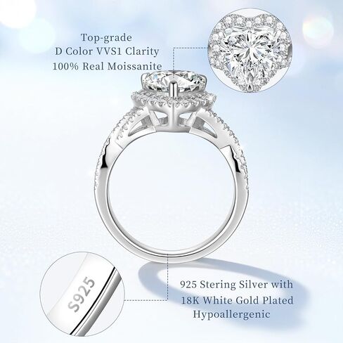 Total 3.1cttw(2.5CT Center Stone) Heart Moissanite Engagement Ring for Women, Thickened 925 Sterling Silver Band, D Color VVS1, Anniversary Wedding Promise Halo Ring with Certificate, Ideal Gift in Kuwait