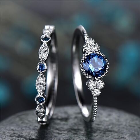 2pcs/set Synthetic Blue Gemstone Wedding Rings for Women Engagement Proposal Gift Jewelry in Kuwait