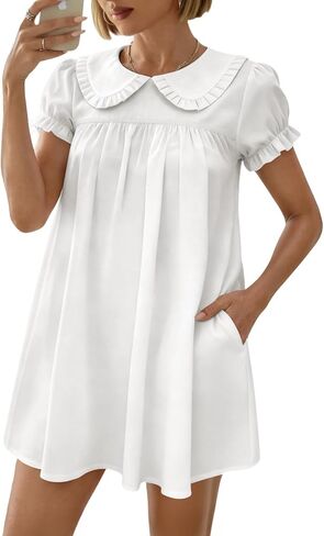 Women's Cute Babydoll Mini Dress Peter Pan Collar Ruffle Short Sleeve Pleated A Line Dresses 2026 Summer in Saudi Arabia