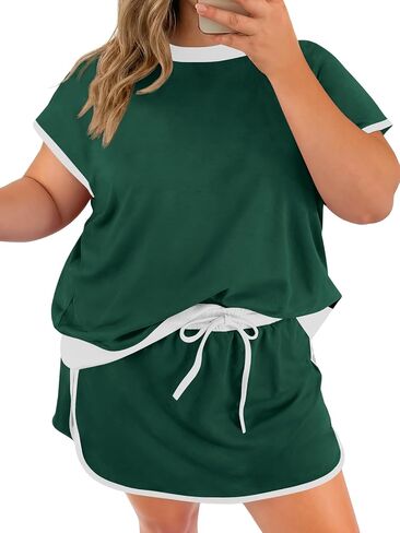 Beautife Womens Plus Size 2 Piece Shorts Set Summer Short Sleeve Color Block Shirts and Skort Casual Matching Sets in Saudi Arabia