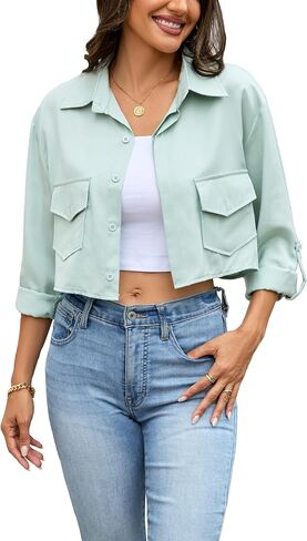 Dauocie Women's Cropped Roll Up Long Sleeve Button Down Shirts Asymmetrical Hem Crop Top with Pockets in Saudi Arabia