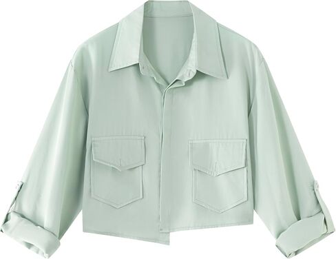 Dauocie Women's Cropped Roll Up Long Sleeve Button Down Shirts Asymmetrical Hem Crop Top with Pockets in Saudi Arabia
