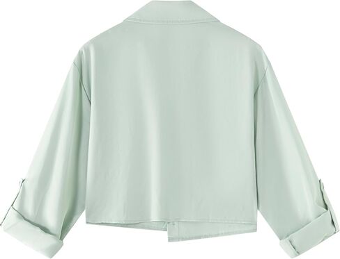 Dauocie Women's Cropped Roll Up Long Sleeve Button Down Shirts Asymmetrical Hem Crop Top with Pockets in Saudi Arabia