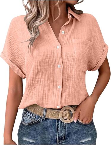 Womens Gauze Tops Short Sleeve Button Down Collared Crinkle Texture Summer Casual Top in Kuwait