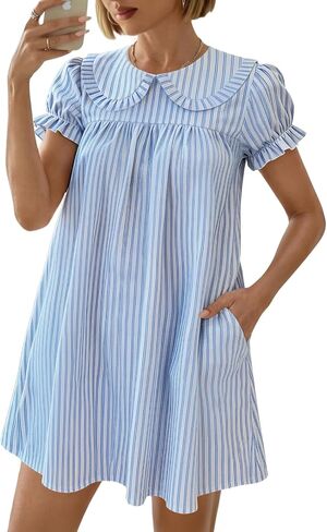 Women's Cute Babydoll Mini Dress Peter Pan Collar Ruffle Short Sleeve Pleated A Line Dresses 2026 Summer in Kuwait