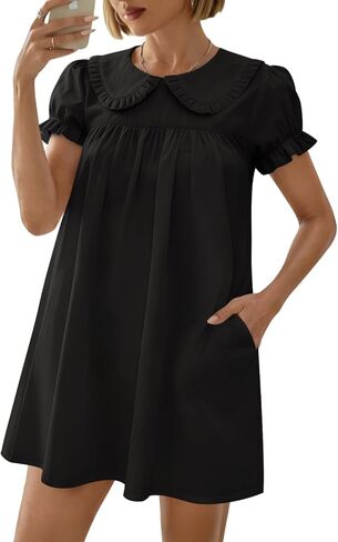 Women's Cute Babydoll Mini Dress Peter Pan Collar Ruffle Short Sleeve Pleated A Line Dresses 2026 Summer in Kuwait