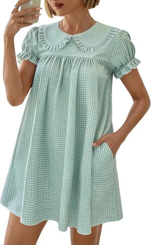 Women's Cute Babydoll Mini Dress Peter Pan Collar Ruffle Short Sleeve Pleated A Line Dresses 2026 Summer in Kuwait