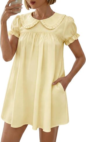 Women's Cute Babydoll Mini Dress Peter Pan Collar Ruffle Short Sleeve Pleated A Line Dresses 2026 Summer in Kuwait