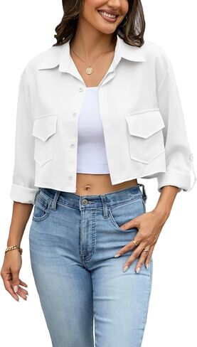 Dauocie Women's Cropped Roll Up Long Sleeve Button Down Shirts Asymmetrical Hem Crop Top with Pockets in Saudi Arabia