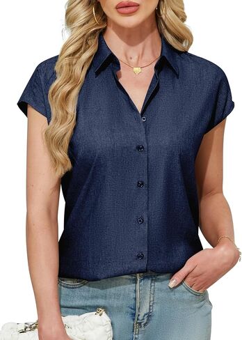 Ruisin Women's Short Sleeve Button Down Shirt Wrinkle Resistant V Neck Collared Blouse Linen Textured Summer Casual Work Top in Saudi Arabia