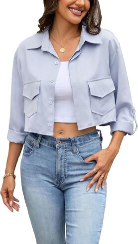 Dauocie Women's Cropped Roll Up Long Sleeve Button Down Shirts Asymmetrical Hem Crop Top with Pockets in Saudi Arabia