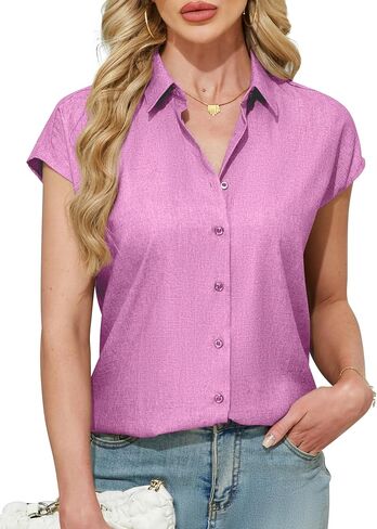 Ruisin Women's Short Sleeve Button Down Shirt Wrinkle Resistant V Neck Collared Blouse Linen Textured Summer Casual Work Top in Kuwait
