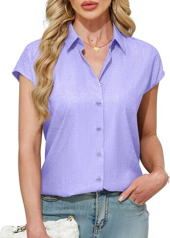 Ruisin Women's Short Sleeve Button Down Shirt Wrinkle Resistant V Neck Collared Blouse Linen Textured Summer Casual Work Top in Saudi Arabia