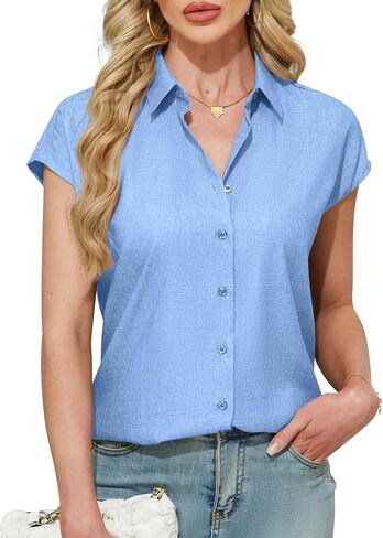 Ruisin Women's Short Sleeve Button Down Shirt Wrinkle Resistant V Neck Collared Blouse Linen Textured Summer Casual Work Top in Saudi Arabia