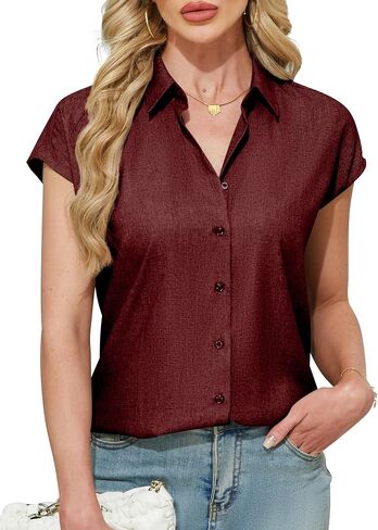 Ruisin Women's Short Sleeve Button Down Shirt Wrinkle Resistant V Neck Collared Blouse Linen Textured Summer Casual Work Top in Saudi Arabia