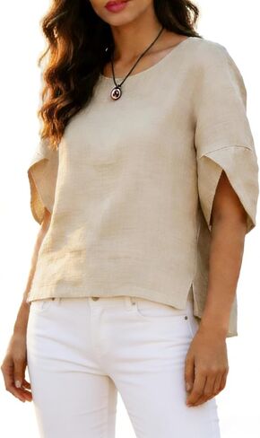 Women's Linen Top, Split Sleeve, Round Neck, Relaxed Fit, Casual Blouse in Kuwait