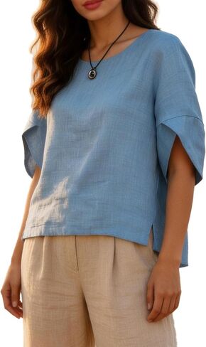 Women's Linen Top, Split Sleeve, Round Neck, Relaxed Fit, Casual Blouse in Kuwait