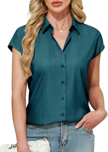 Ruisin Women's Short Sleeve Button Down Shirt Wrinkle Resistant V Neck Collared Blouse Linen Textured Summer Casual Work Top in Saudi Arabia