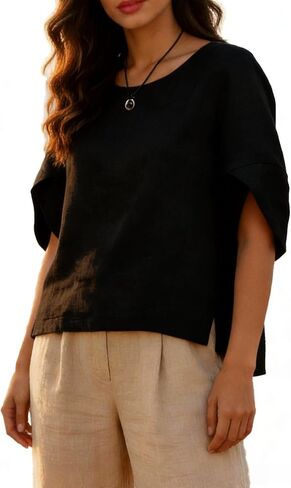 Women's Linen Top, Split Sleeve, Round Neck, Relaxed Fit, Casual Blouse in Kuwait