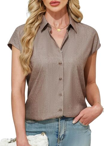 Ruisin Women's Short Sleeve Button Down Shirt Wrinkle Resistant V Neck Collared Blouse Linen Textured Summer Casual Work Top in Saudi Arabia