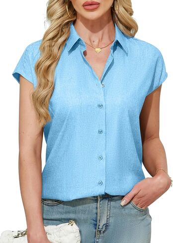 Ruisin Women's Short Sleeve Button Down Shirt Wrinkle Resistant V Neck Collared Blouse Linen Textured Summer Casual Work Top in Saudi Arabia