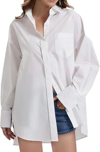 J.Corrine Women White Button Down Shirt Long Sleeve Oversized Casual Lyocell Dress Shirt Blouse Shacket Cotton Side Back Slit in Kuwait